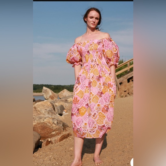 Jessie Zhoa MOUNTAIN IMAGINATION SMOCKED MIDI DRESS Pink Print size L - Picture 6 of 6